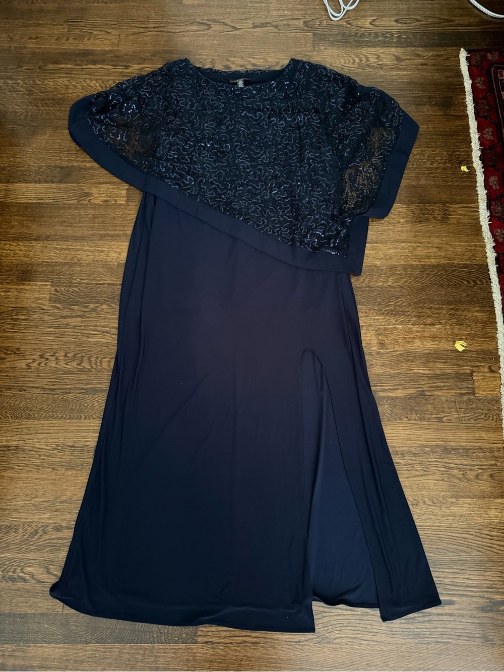 R&M Richards Navy Embellished Lace Cape Maxi Dress